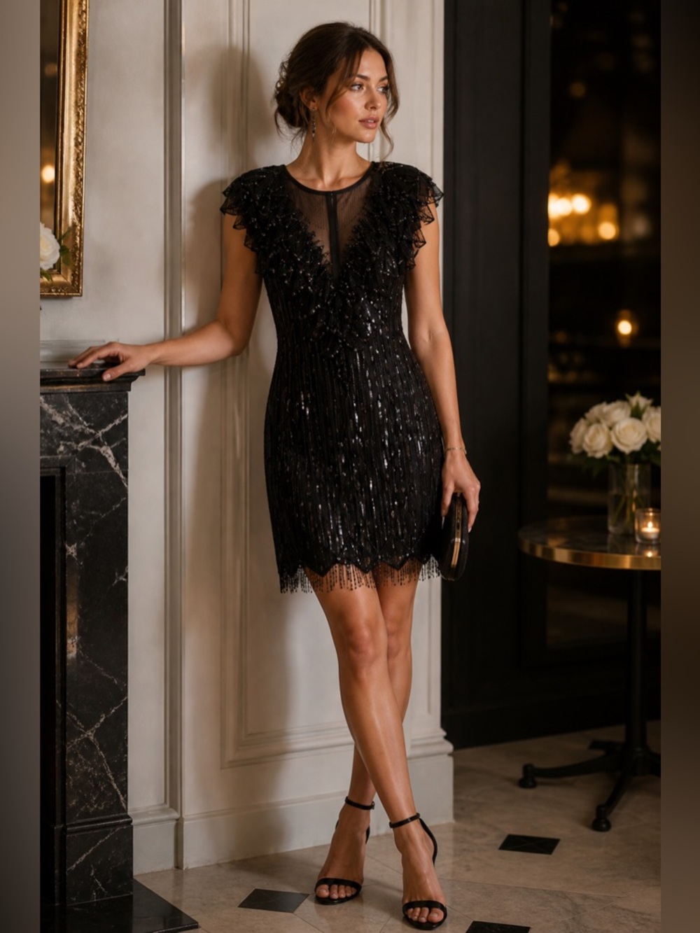 Vintage Scala Black Beaded Fringe Evening Dress [P/S]